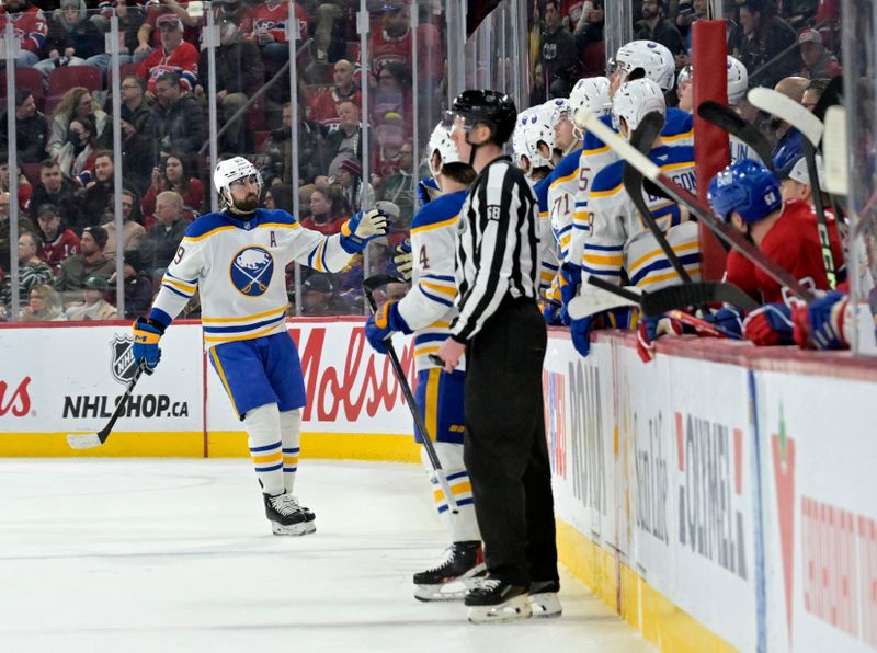 Mar 3, 2025; Montreal, Quebec, CAN; Buffalo Sabres forward Alex Tuch (89)  celebrates with teammates after scoring a goal against the Montreal Canadiens during the second period at the Bell Centre. Mandatory Credit: Eric Bolte-Imagn Images