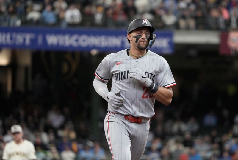 May 18, 2025; Milwaukee, Wisconsin, USA; Minnesota Twins third base Royce Lewis (23) rounds the bases after hitting a home run against the Milwaukee Brewers in the fourth inning at American Family Field. Mandatory Credit: Michael McLoone-Imagn Images