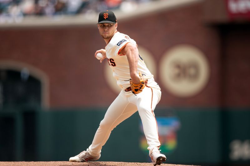 Jun 8, 2025; San Francisco, California, USA; San Francisco Giants starting pitcher Landen Roupp (65) delivers a pitch against the Atlanta Braves during the second inning at Oracle Park. Mandatory Credit: D. Ross Cameron-Imagn Images