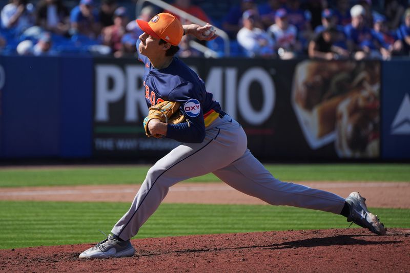 Feb 25, 2024; Port St. Lucie, Florida, USA;  Houston Astros pitcher Rhett Kobe (70) pitches against the New York Mets in the sixth inning at Clover Park. Mandatory Credit: Jim Rassol-USA TODAY Sports