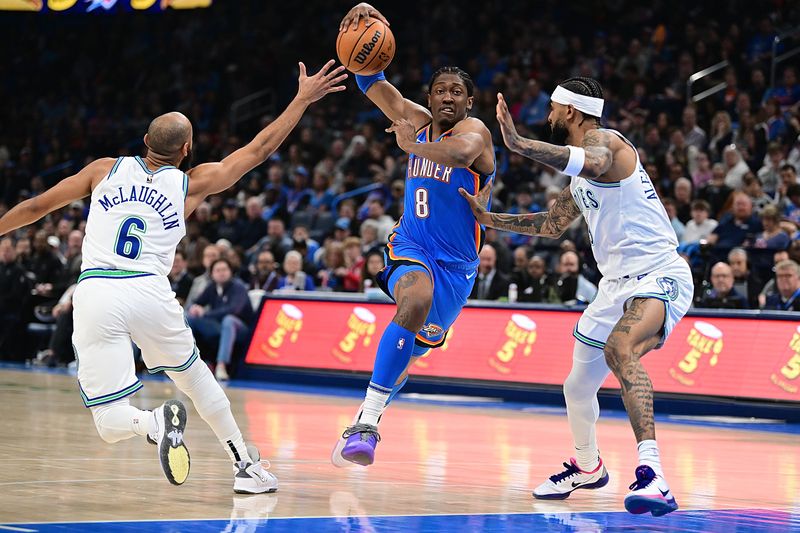 OKLAHOMA CITY, OKLAHOMA - JANUARY 29: Jalen Williams #8 of the Oklahoma City Thunder drives the rim during the first half against the Minnesota Timberwolves at Paycom Center on January 29, 2024 in Oklahoma City, Oklahoma. NOTE TO USER: User expressly acknowledges and agrees that, by downloading and or using this Photograph, user is consenting to the terms and conditions of the Getty Images License Agreement. (Photo by Joshua Gateley/Getty Images)