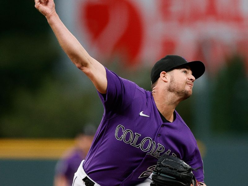 Aug 18, 2023; Denver, Colorado, USA; Colorado Rockies starting pitcher Peter Lambert (20) pitches in the first inning against the Chicago White Sox at Coors Field. Mandatory Credit: Isaiah J. Downing-USA TODAY Sports