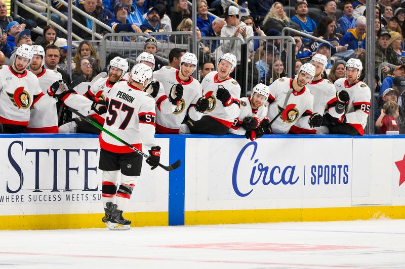 Nov 28, 2025; St. Louis, Missouri, USA; Ottawa Senators left wing David Perron (57) is congratulated by teammates after scoring against the St. Louis Blues during the third period at Enterprise Center. Mandatory Credit: Jeff Curry-Imagn Images