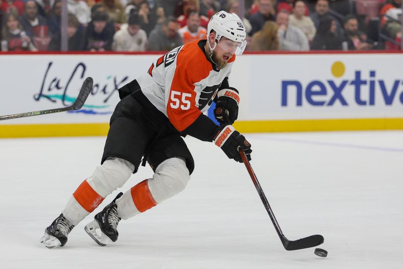 Feb 6, 2024; Sunrise, Florida, USA; Philadelphia Flyers defenseman Rasmus Ristolainen (55) moves the puck against the Florida Panthers during the second period at Amerant Bank Arena. Mandatory Credit: Sam Navarro-USA TODAY Sports