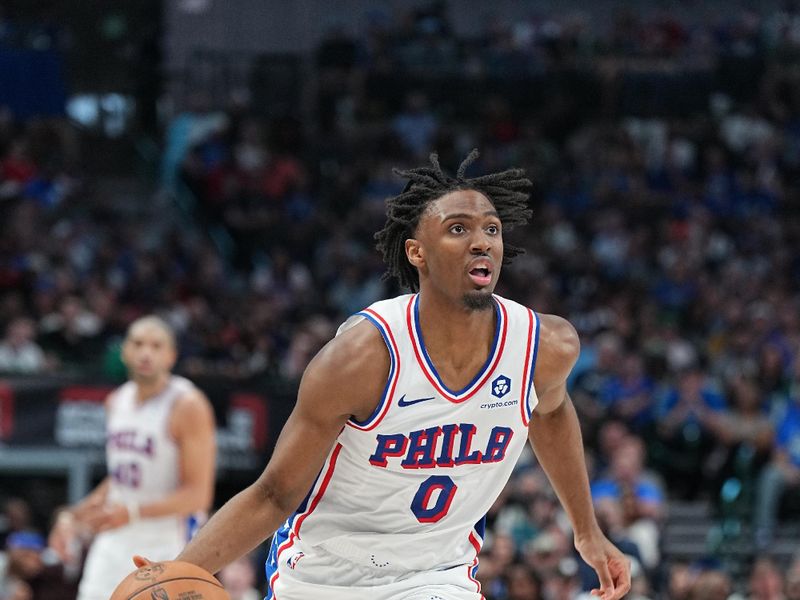 DALLAS, TX - MARCH 3: Tyrese Maxey #0 of the Philadelphia 76ers dribbles the ball during the game against the Dallas Mavericks  on March 3, 2024 at the American Airlines Center in Dallas, Texas. NOTE TO USER: User expressly acknowledges and agrees that, by downloading and or using this photograph, User is consenting to the terms and conditions of the Getty Images License Agreement. Mandatory Copyright Notice: Copyright 2024 NBAE (Photo by Glenn James/NBAE via Getty Images)