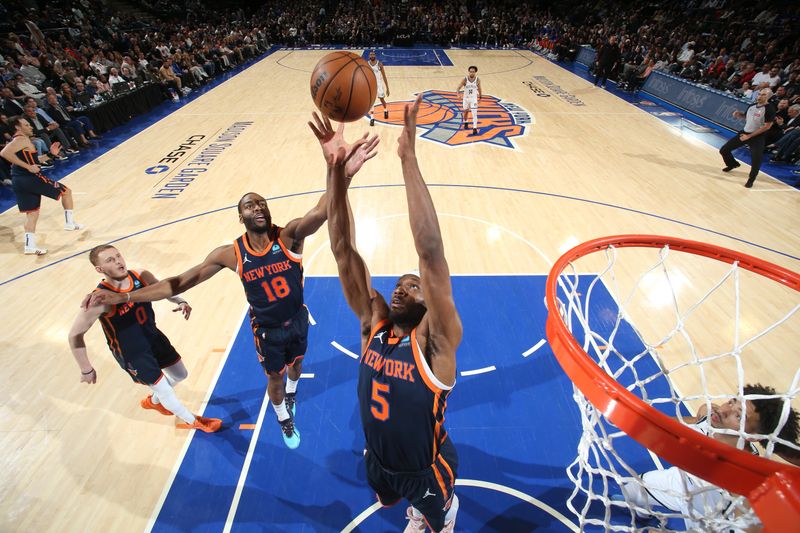 NEW YORK, NY - APRIL 12: Precious Achiuwa #5 of the New York Knicks goes up for the rebound during the game against the Brooklyn Nets on April 12, 2024 at Madison Square Garden in New York City, New York.  NOTE TO USER: User expressly acknowledges and agrees that, by downloading and or using this photograph, User is consenting to the terms and conditions of the Getty Images License Agreement. Mandatory Copyright Notice: Copyright 2024 NBAE  (Photo by Nathaniel S. Butler/NBAE via Getty Images)