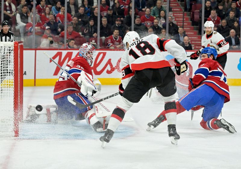 Mar 18, 2025; Montreal, Quebec, CAN; Montreal Canadiens goalie Sam Montembeault (35) makes a save against Ottawa Senators forward Tim Stutzle (18) during the third period at the Bell Centre. Mandatory Credit: Eric Bolte-Imagn Images
