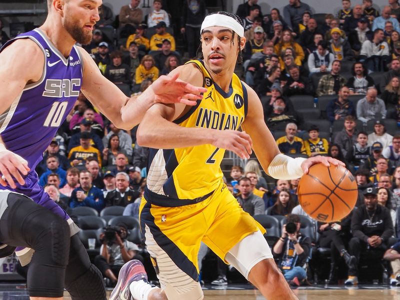 INDIANAPOLIS, IN - FEBUARY 3:  Andrew Nembhard #2 of the Indiana Pacers drives to the basket during the game on Febuary 3, 2023 at Gainbridge Fieldhouse in Indianapolis, Indiana. NOTE TO USER: User expressly acknowledges and agrees that, by downloading and or using this Photograph, user is consenting to the terms and conditions of the Getty Images License Agreement. Mandatory Copyright Notice: Copyright 2023 NBAE (Photo by Ron Hoskins/NBAE via Getty Images)