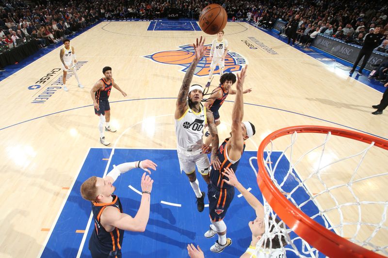 NEW YORK, NY - JANUARY 30: Jordan Clarkson #00 of the Utah Jazz shoots the ball during the game against the New York Knicks on January 30, 2024 at Madison Square Garden in New York City, New York.  NOTE TO USER: User expressly acknowledges and agrees that, by downloading and or using this photograph, User is consenting to the terms and conditions of the Getty Images License Agreement. Mandatory Copyright Notice: Copyright 2024 NBAE  (Photo by Nathaniel S. Butler/NBAE via Getty Images)