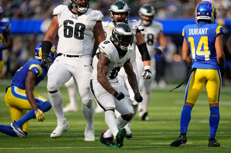 Philadelphia Eagles running back D'Andre Swift (0) reacts during an NFL football game against the Los Angeles Rams, Sunday, Oct. 8, 2023, in Inglewood, Calif. (AP Photo/Gregory Bull)