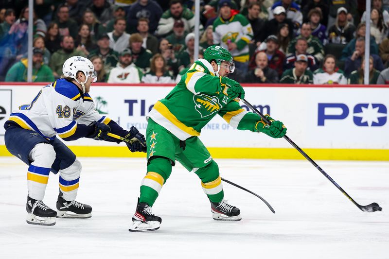 Mar 23, 2024; Saint Paul, Minnesota, USA; Minnesota Wild right wing Mats Zuccarello (36) shoots as St. Louis Blues defenseman Scott Perunovich (48) defends during the third period at Xcel Energy Center. Mandatory Credit: Matt Krohn-USA TODAY Sports