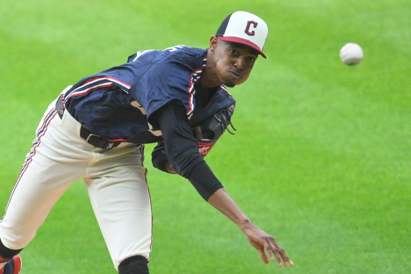 May 17, 2024; Cleveland, Ohio, USA; Cleveland Guardians starting pitcher Triston McKenzie (24) delivers a pitch in the first inning against the Minnesota Twins at Progressive Field. Mandatory Credit: David Richard-USA TODAY Sports