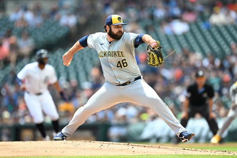 Jun 9, 2024; Detroit, Michigan, USA;  Milwaukee Brewers pitcher Bryse Wilson (46)  throws a pitch against the Detroit Tigers in the first inning at Comerica Park. Mandatory Credit: Lon Horwedel-USA TODAY Sports