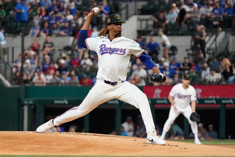 May 18, 2024; Arlington, Texas, USA; Texas Rangers starting pitcher Jose Urena (54) throws to the plate during the first inning against the Los Angeles Angels at Globe Life Field. Mandatory Credit: Raymond Carlin III-USA TODAY Sports