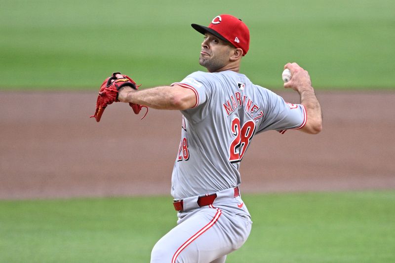 Apr 30, 2024; San Diego, California, USA; Cincinnati Reds starting pitcher Nick Martinez (28) throws a pitch against the San Diego Padres during the first inning at Petco Park. Mandatory Credit: Orlando Ramirez-USA TODAY Sports