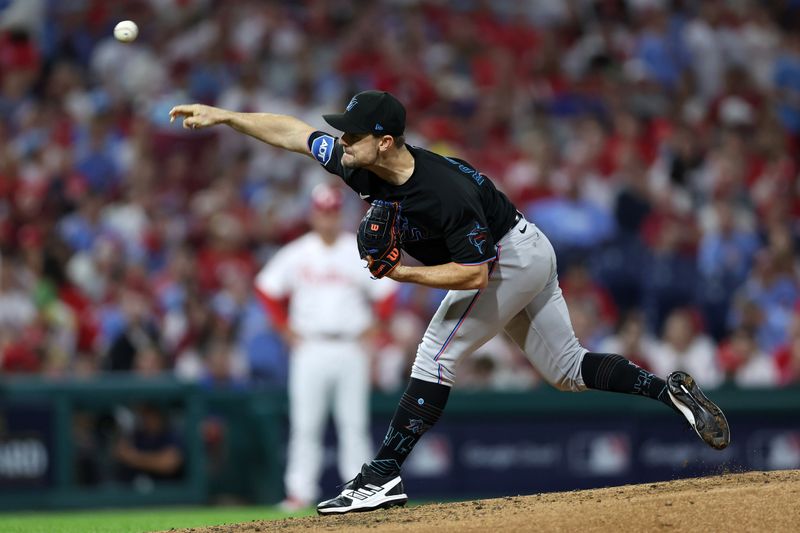 Oct 4, 2023; Philadelphia, Pennsylvania, USA; Miami Marlins relief pitcher David Robertson (19) throws a pitch against the Philadelphia Phillies during the fourth inning for game two of the Wildcard series for the 2023 MLB playoffs at Citizens Bank Park. Mandatory Credit: Bill Streicher-USA TODAY Sports