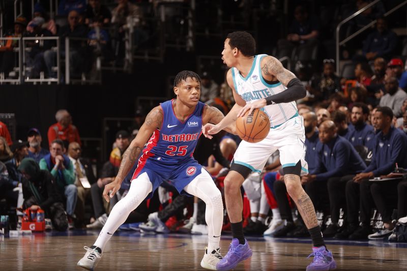 DETROIT, MI - March 11: Marcus Sasser #25 of the Detroit Pistons Detroit Pistons plays defense during the game against the Charlotte Hornets on March 11, 2024 at Little Caesars Arena in Detroit, Michigan. NOTE TO USER: User expressly acknowledges and agrees that, by downloading and/or using this photograph, User is consenting to the terms and conditions of the Getty Images License Agreement. Mandatory Copyright Notice: Copyright 2024 NBAE (Photo by Brian Sevald/NBAE via Getty Images)
