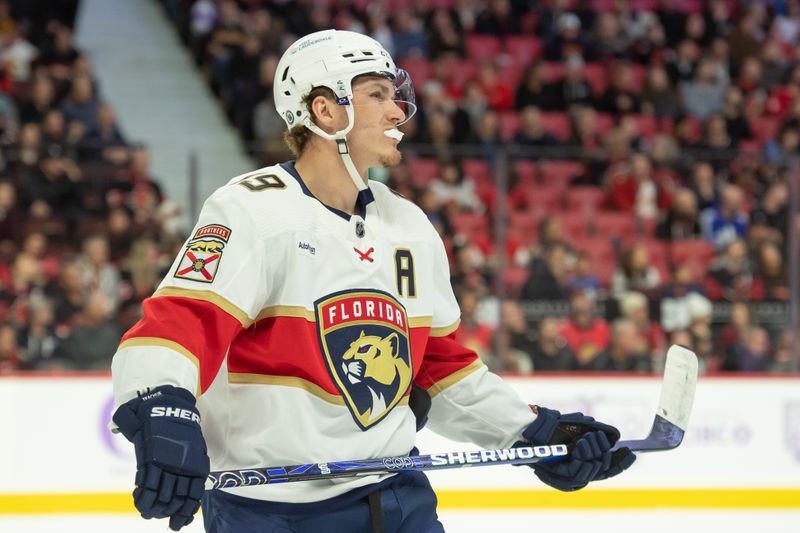 Nov 27, 2023; Ottawa, Ontario, CAN; Florida Panthers left wing Matthew Tkachuk (19) skates during a break in action in the first period against the Ottawa Senators at the Canadian Tire Centre. Mandatory Credit: Marc DesRosiers-USA TODAY Sports