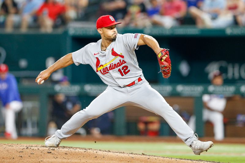 Jun 7, 2023; Arlington, Texas, USA; St. Louis Cardinals relief pitcher Jordan Hicks (12) comes on to pitch during the seventh inning against the Texas Rangers at Globe Life Field. Mandatory Credit: Andrew Dieb-USA TODAY Sports