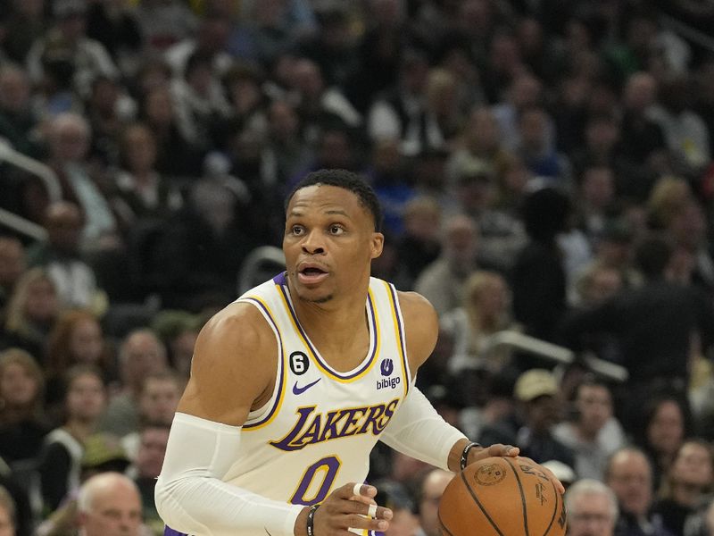 MILWAUKEE, WISCONSIN - DECEMBER 02: Russell Westbrook #0 of the Los Angeles Lakers dribbles the ball against the Milwaukee Bucks during the first half at Fiserv Forum on December 02, 2022 in Milwaukee, Wisconsin. NOTE TO USER: User expressly acknowledges and agrees that, by downloading and or using this photograph, User is consenting to the terms and conditions of the Getty Images License Agreement. (Photo by Patrick McDermott/Getty Images)