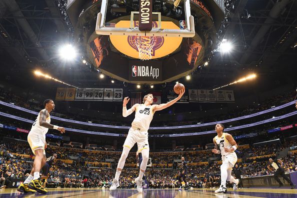 LOS ANGELES, CA - NOVEMBER 21:  Lauri Markkanen #23 of the Utah Jazz grabs the rebound during the game  during the in Season Tournament on November 21, 2023 at Crypto.Com Arena in Los Angeles, California. NOTE TO USER: User expressly acknowledges and agrees that, by downloading and/or using this Photograph, user is consenting to the terms and conditions of the Getty Images License Agreement. Mandatory Copyright Notice: Copyright 2023 NBAE (Photo by Adam Pantozzi/NBAE via Getty Images)