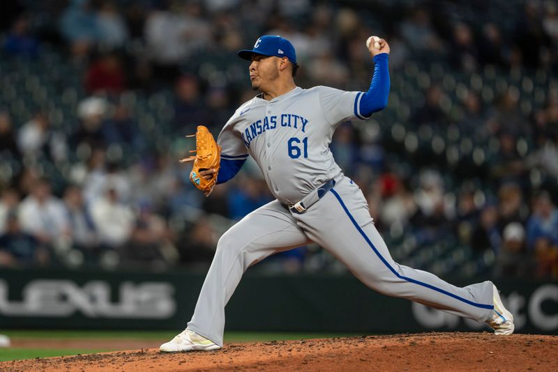 May 13, 2024; Seattle, Washington, USA; Kansas City Royals reliever Angel Zerpa (61) delivers a pitch during the seventh inning against the Seattle Mariners at T-Mobile Park. Mandatory Credit: Stephen Brashear-USA TODAY Sports