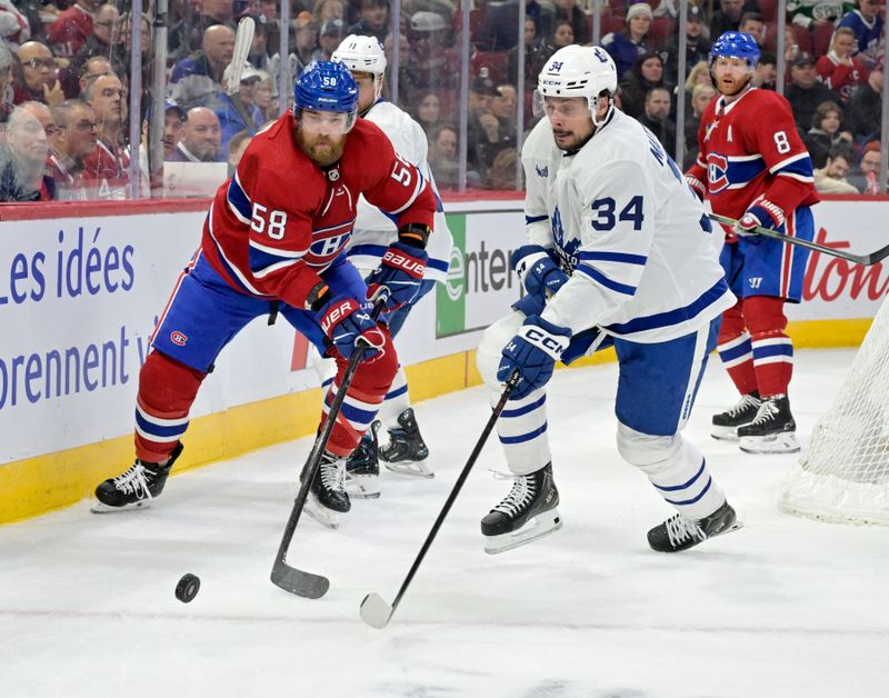 Apr 6, 2024; Montreal, Quebec, CAN; Montreal Canadiens defenseman David Savard (58) and Toronto Maple Leafs forward Auston Matthews (34) chase the puck during the first period at the Bell Centre. Mandatory Credit: Eric Bolte-USA TODAY Sports