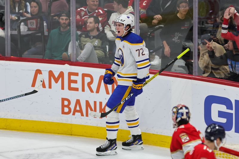 Feb 27, 2024; Sunrise, Florida, USA; Buffalo Sabres right wing Tage Thompson (72) reacts after scoring against the Florida Panthers during the third period at Amerant Bank Arena. Mandatory Credit: Sam Navarro-USA TODAY Sports