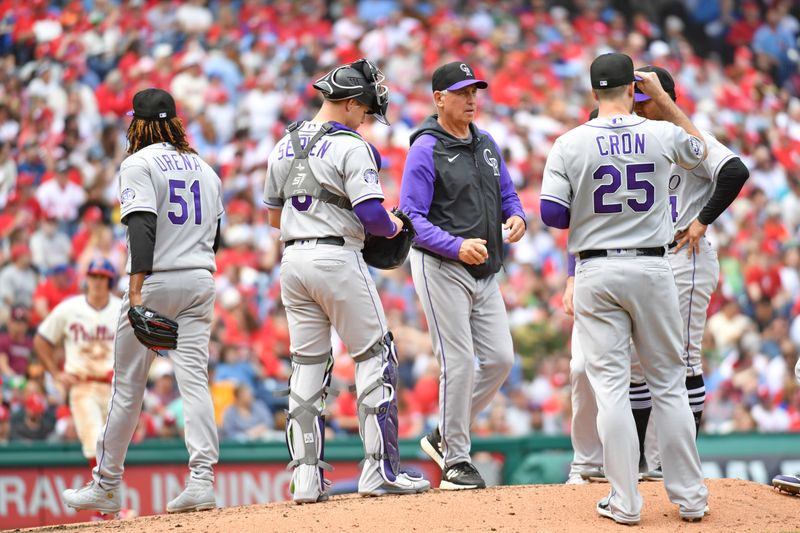 Apr 23, 2023; Philadelphia, Pennsylvania, USA; Colorado Rockies manager Bud Black (10) on the mound after removing starting pitcher Jose Urena (51) against the Philadelphia Phillies during the fourth inning at Citizens Bank Park. Mandatory Credit: Eric Hartline-USA TODAY Sports