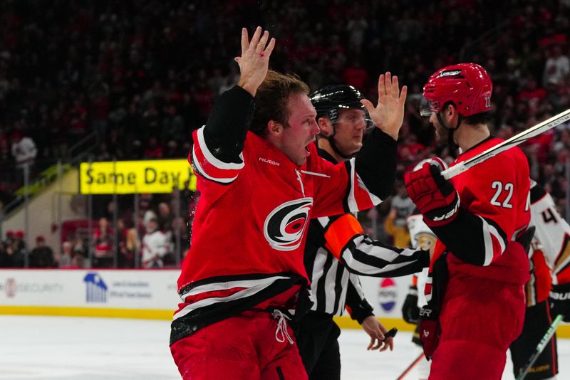 Jan 11, 2024; Raleigh, North Carolina, USA; Carolina Hurricanes left wing Brendan Lemieux (28) reacts after his fight against the Anaheim Ducks during the second period at PNC Arena. Mandatory Credit: James Guillory-USA TODAY Sports