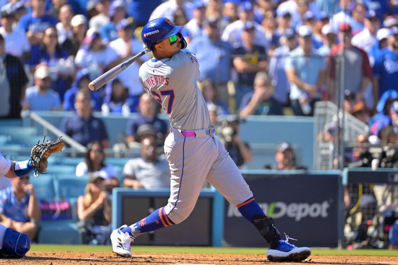 Oct 14, 2024; Los Angeles, California, USA; New York Mets third baseman Mark Vientos (27) hits a grand slam home run in the second inning against the Los Angeles Dodgers during game two of the NLCS for the 2024 MLB Playoffs at Dodger Stadium. Mandatory Credit: Jayne Kamin-Oncea-Imagn Images