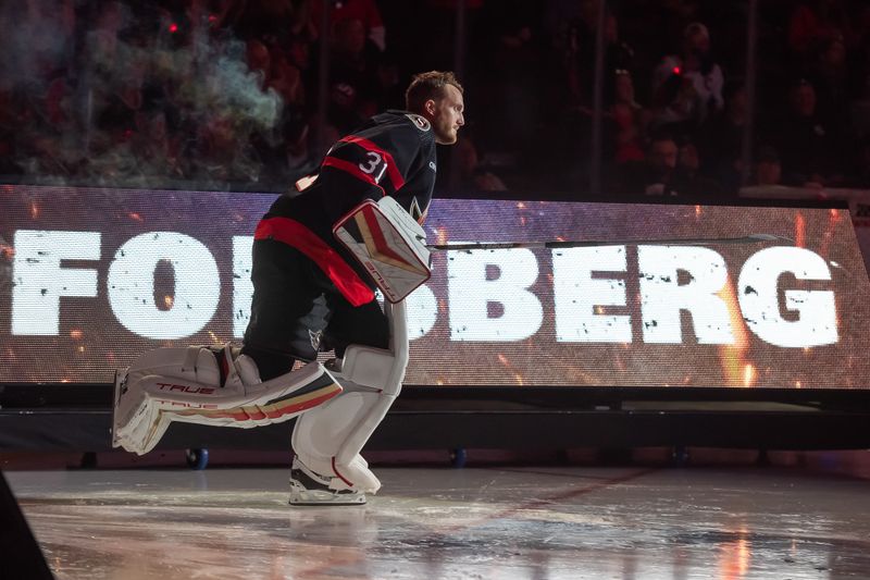 Oct 14, 2023; Ottawa, Ontario, CAN; Ottawa Senators goalie Anton Forsberg (31) is introduced as he skates onto the ice prior to the game against the Philadelphia Flyers at the Canadian Tire Centre. Mandatory Credit: Marc DesRosiers-USA TODAY Sports