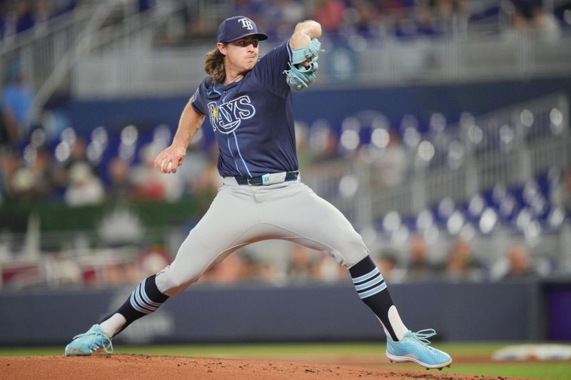 Jun 4, 2024; Miami, Florida, USA; Tampa Bay Rays starting pitcher Ryan Pepiot (44) pitches in the first inning against the Miami Marlins at loanDepot Park. Mandatory Credit: Jim Rassol-USA TODAY Sports