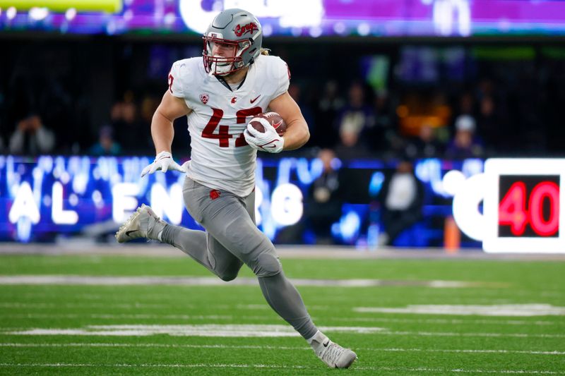 Nov 25, 2023; Seattle, Washington, USA; Washington State Cougars tight end Billy Riviere III (42) runs for yards after the catch against the Washington Huskies during the fourth quarter at Alaska Airlines Field at Husky Stadium. Mandatory Credit: Joe Nicholson-USA TODAY Sports