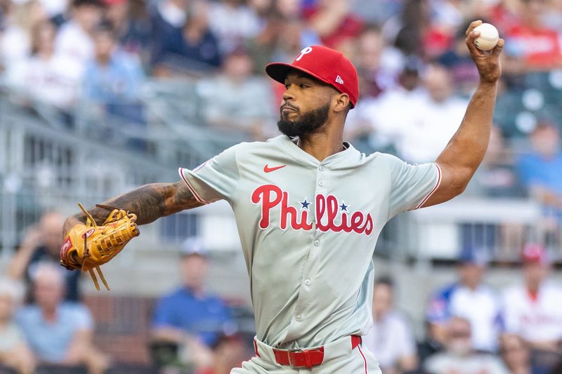 Aug 22, 2024; Cumberland, Georgia, USA; Philadelphia Phillies pitcher Cristopher Sánchez (61) pitches the ball against the Atlanta Braves during the second inning at Truist Park. Mandatory Credit: Jordan Godfree-USA TODAY Sports