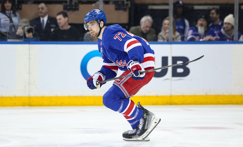 Jan 18, 2025; New York, New York, USA; New York Rangers center Filip Chytil (72) skates against the Columbus Blue Jackets during the first period at Madison Square Garden. Mandatory Credit: Danny Wild-Imagn Images