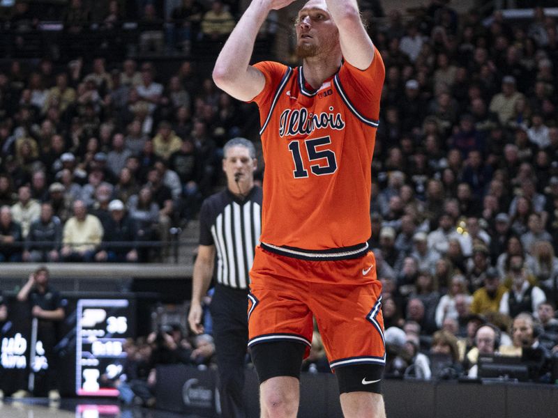 Jan 24, 2026; West Lafayette, Indiana, USA; Illinois Fighting Illini forward Jake Davis (15) shoots a three pointer during the first half against the Purdue Boilermakers at Mackey Arena. Mandatory Credit: Jacob Musselman-Imagn Images