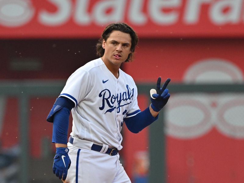 Jul 15, 2023; Kansas City, Missouri, USA;  Kansas City Royals first baseman Nick Pratto (32) reacts after hitting a double in the third inning against the Tampa Bay Rays at Kauffman Stadium. Mandatory Credit: Peter Aiken-USA TODAY Sports