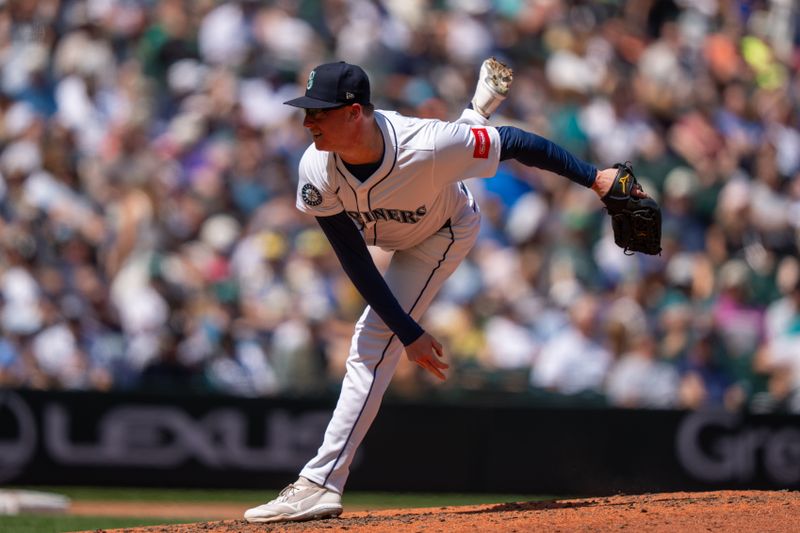 Jul 23, 2025; Seattle, Washington, USA;  Seattle Mariners reliever Trent Thornton (46) delivers a pitch during the sixth inning Milwaukee Brewers at T-Mobile Park. Mandatory Credit: Stephen Brashear-Imagn Images