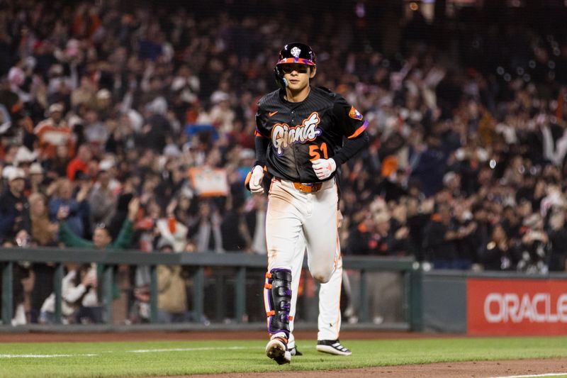 May 13, 2025; San Francisco, California, USA; San Francisco Giants center fielder Jung Hoo Lee (51) run the bases after he hit a three-run home run against the Arizona Diamondbacks during the eighth inning at Oracle Park. Mandatory Credit: John Hefti-Imagn Images