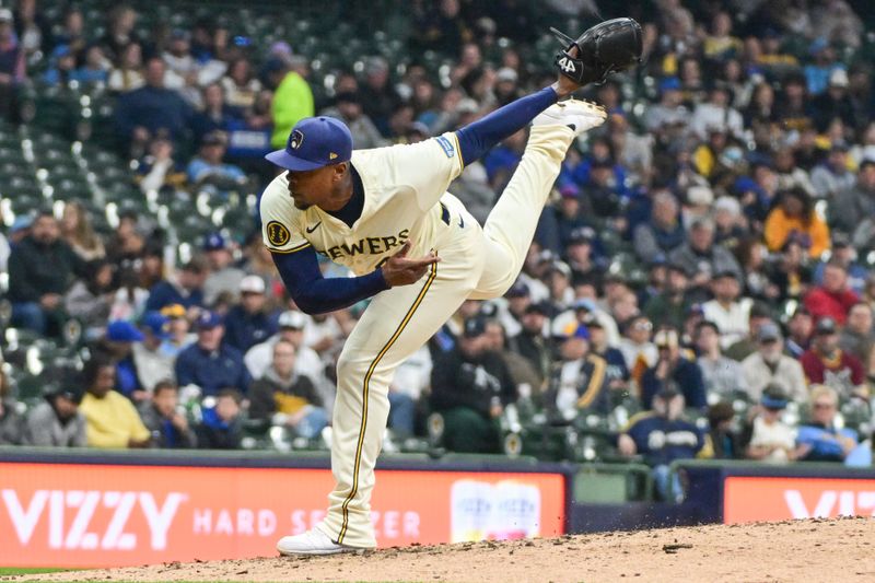 Apr 7, 2024; Milwaukee, Wisconsin, USA;  Milwaukee Brewers pitcher Thyago Vieira (49) throws a pitch in the seventh inning against the Seattle Mariners at American Family Field. Mandatory Credit: Benny Sieu-USA TODAY Sports