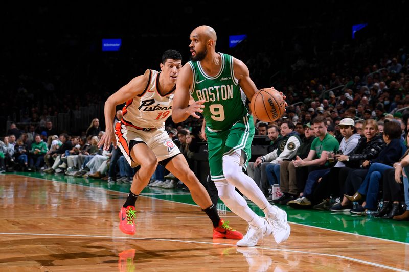 BOSTON, MA - DECEMBER 4: Derrick White #9 of the Boston Celtics drives to the basket during the game against the Detroit Pistons on December 4, 2024 at TD Garden in Boston, Massachusetts. NOTE TO USER: User expressly acknowledges and agrees that, by downloading and/or using this Photograph, user is consenting to the terms and conditions of the Getty Images License Agreement. Mandatory Copyright Notice: Copyright 2024 NBAE (Photo by Brian Babineau/NBAE via Getty Images)