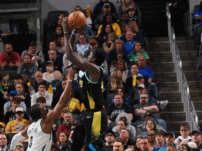 INDIANAPOLIS, IN - MARCH 16: Pascal Siakam #43 of the Indiana Pacers shoots the ball during the game against the Brooklyn Nets on March 16, 2024 at Gainbridge Fieldhouse in Indianapolis, Indiana. NOTE TO USER: User expressly acknowledges and agrees that, by downloading and or using this Photograph, user is consenting to the terms and conditions of the Getty Images License Agreement. Mandatory Copyright Notice: Copyright 2024 NBAE (Photo by Ron Hoskins/NBAE via Getty Images)