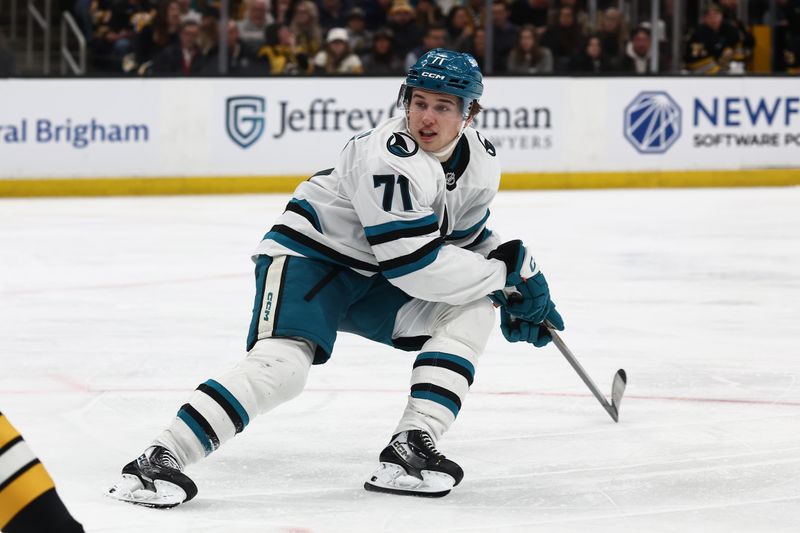 Mar 12, 2026; Boston, Massachusetts, USA; San Jose Sharks center Macklin Celebrini (71) during the third period against the Boston Bruins at TD Garden. Mandatory Credit: Winslow Townson-Imagn Images
