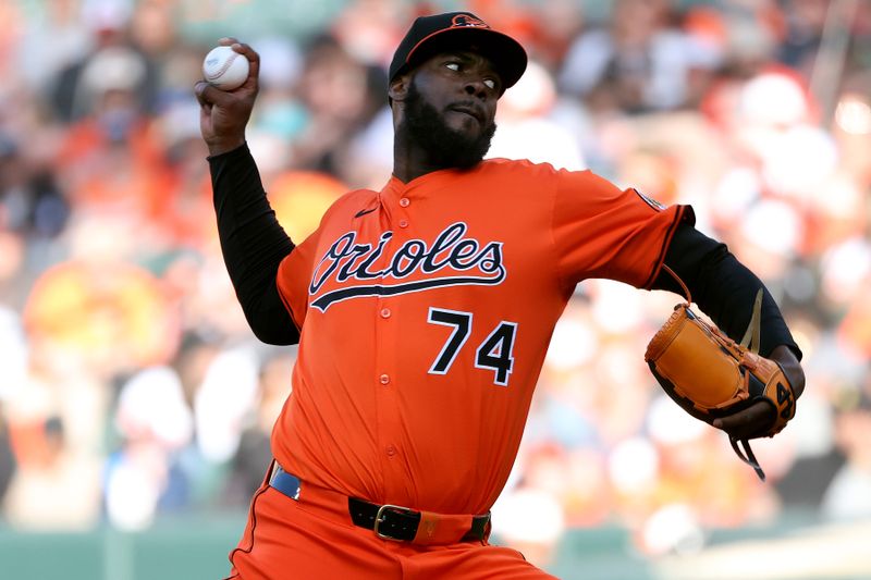 May 31, 2025; Baltimore, Maryland, USA; Baltimore Orioles pitcher Félix Bautista (74) throws during the ninth inning against the Chicago White Sox at Oriole Park at Camden Yards. Mandatory Credit: Daniel Kucin Jr.-Imagn Images