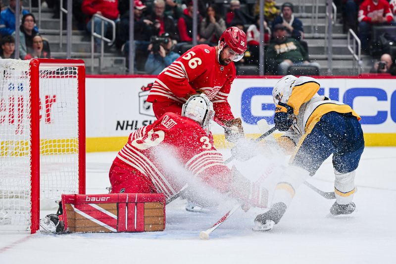 Nov 26, 2025; Detroit, Michigan, USA; Detroit Red Wings defenseman Erik Gustafsson (56) defends as goaltender Cam Talbot (39) makes a save on Nashville Predators right wing Ozzy Wiesblatt (89) during the first period at Little Caesars Arena. Mandatory Credit: Tim Fuller-Imagn Images