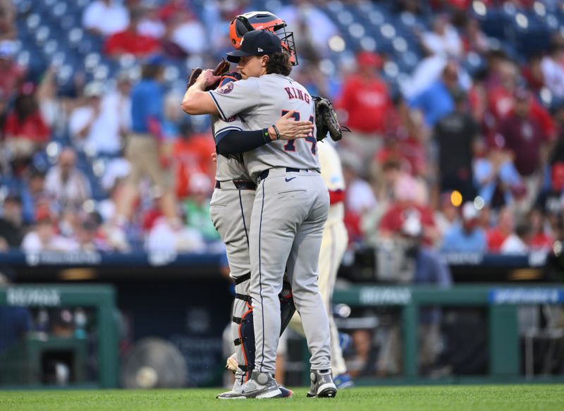 Aug 28, 2024; Philadelphia, Pennsylvania, USA; Houston Astros relief pitcher Bryan King (74) reacts with catcher Victor Caratini (17) after the game against the Philadelphia Phillies at Citizens Bank Park. Mandatory Credit: Kyle Ross-USA TODAY Sports