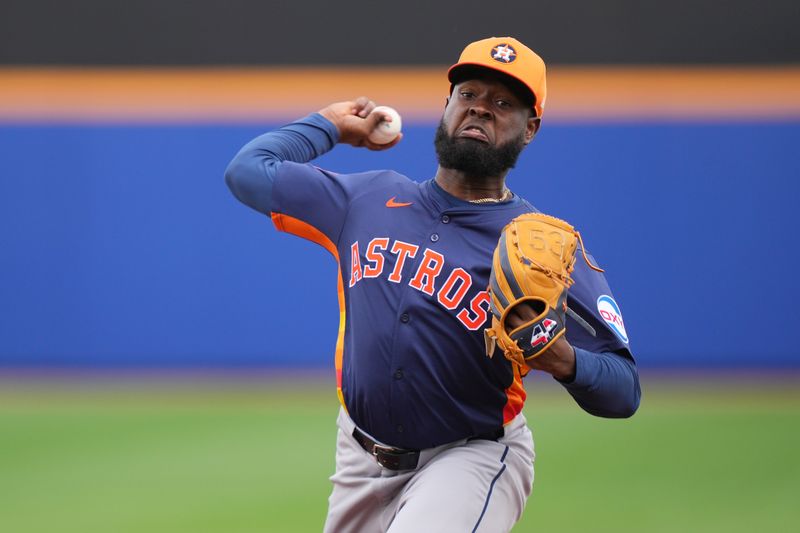 Mar 23, 2024; Port St. Lucie, Florida, USA;  Houston Astros starting pitcher Cristian Javier (53) warms-up in the first inning against the New York Mets at Clover Park. Mandatory Credit: Jim Rassol-USA TODAY Sports