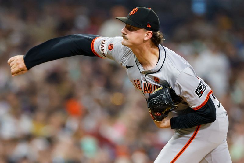 Sep 6, 2024; San Diego, California, USA;  San Francisco Giants relief pitcher Sean Hjelle (64) throws a pitch during the fifth inning against the San Diego Padres at Petco Park. Mandatory Credit: David Frerker-Imagn Images