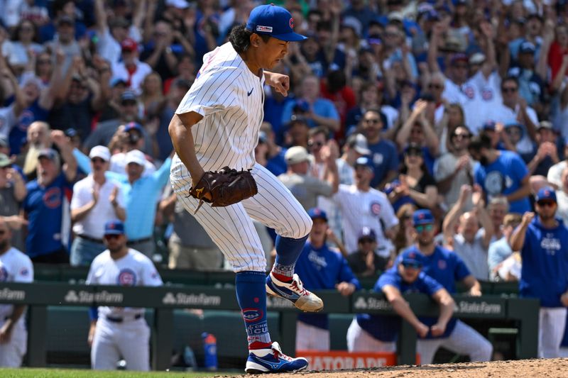 Jun 15, 2024; Chicago, Illinois, USA;  Chicago Cubs pitcher Shota Imanaga (18) reacts after closing out the seventh inning against the St. Louis Cardinals at Wrigley Field. Mandatory Credit: Matt Marton-USA TODAY Sports